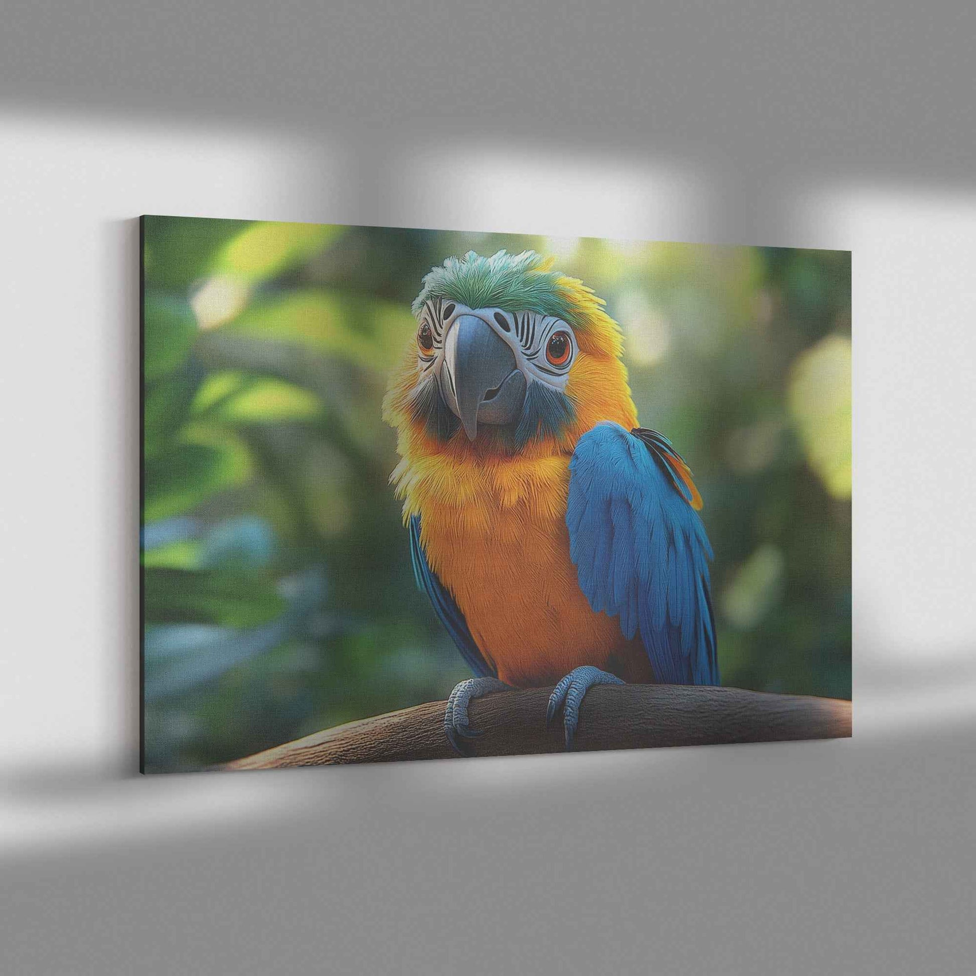 Vibrant Blue and Yellow Macaw Parrot in a Lush Green Paradise   Christian Canvas Wall Art Decor