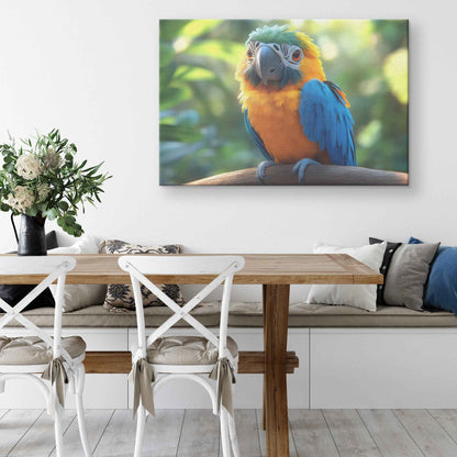 Vibrant Blue and Yellow Macaw Parrot in a Lush Green Paradise   Christian Canvas Wall Art Decor