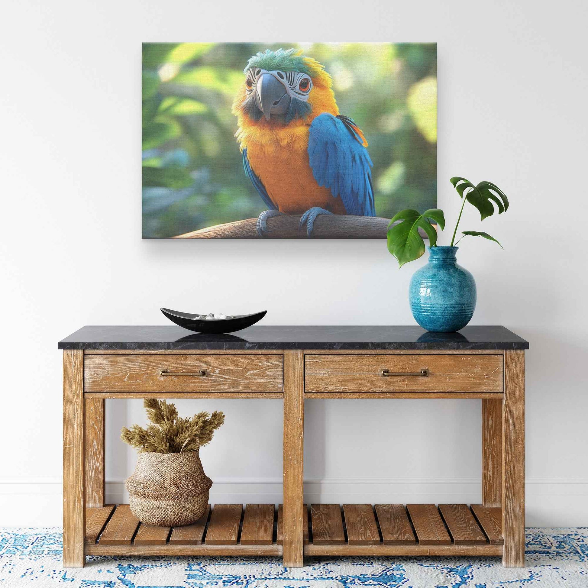 Vibrant Blue and Yellow Macaw Parrot in a Lush Green Paradise   Christian Canvas Wall Art Decor