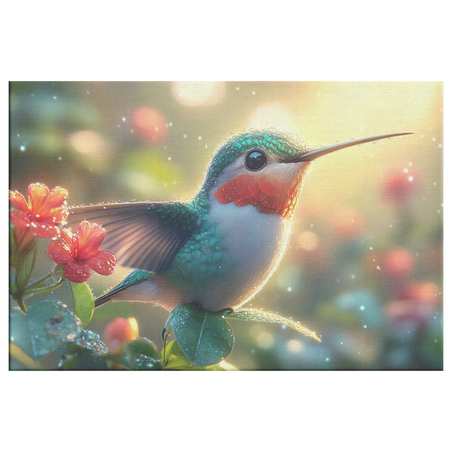 Vibrant Hummingbird Perched on Enchanting Flower  Iridescent Feathers in Morning Light Canvas Wall Art Decor - Awakening Righteousness
