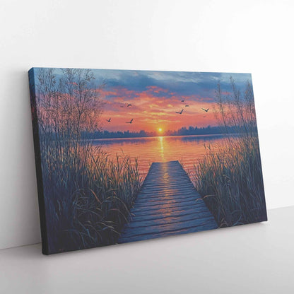 Vibrant Sunset Over Tranquil Lake with Reeds and Birds  Stunning Natural Scenery Landscape  Canvas Wall Art