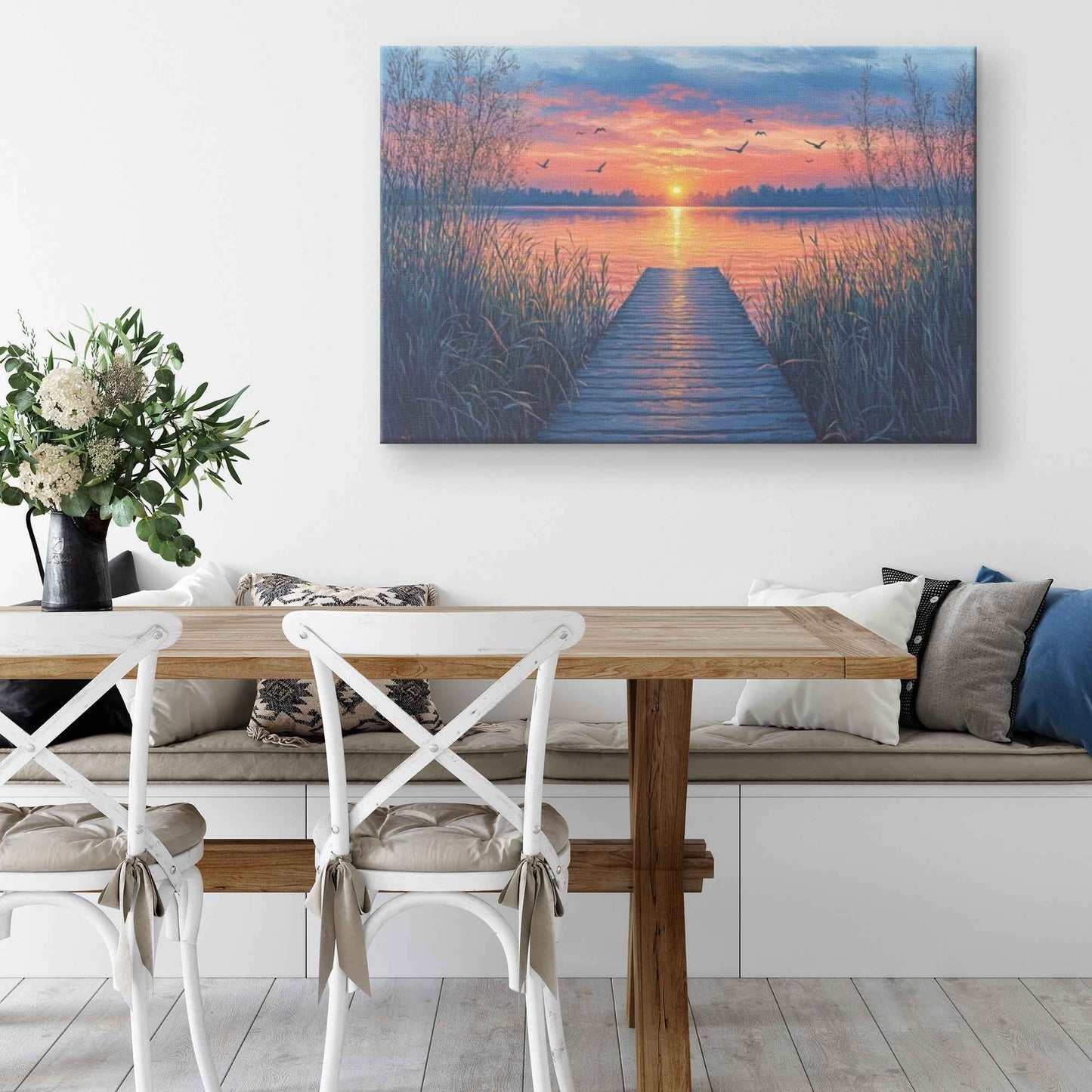 Vibrant Sunset Over Tranquil Lake with Reeds and Birds  Stunning Natural Scenery Landscape  Canvas Wall Art