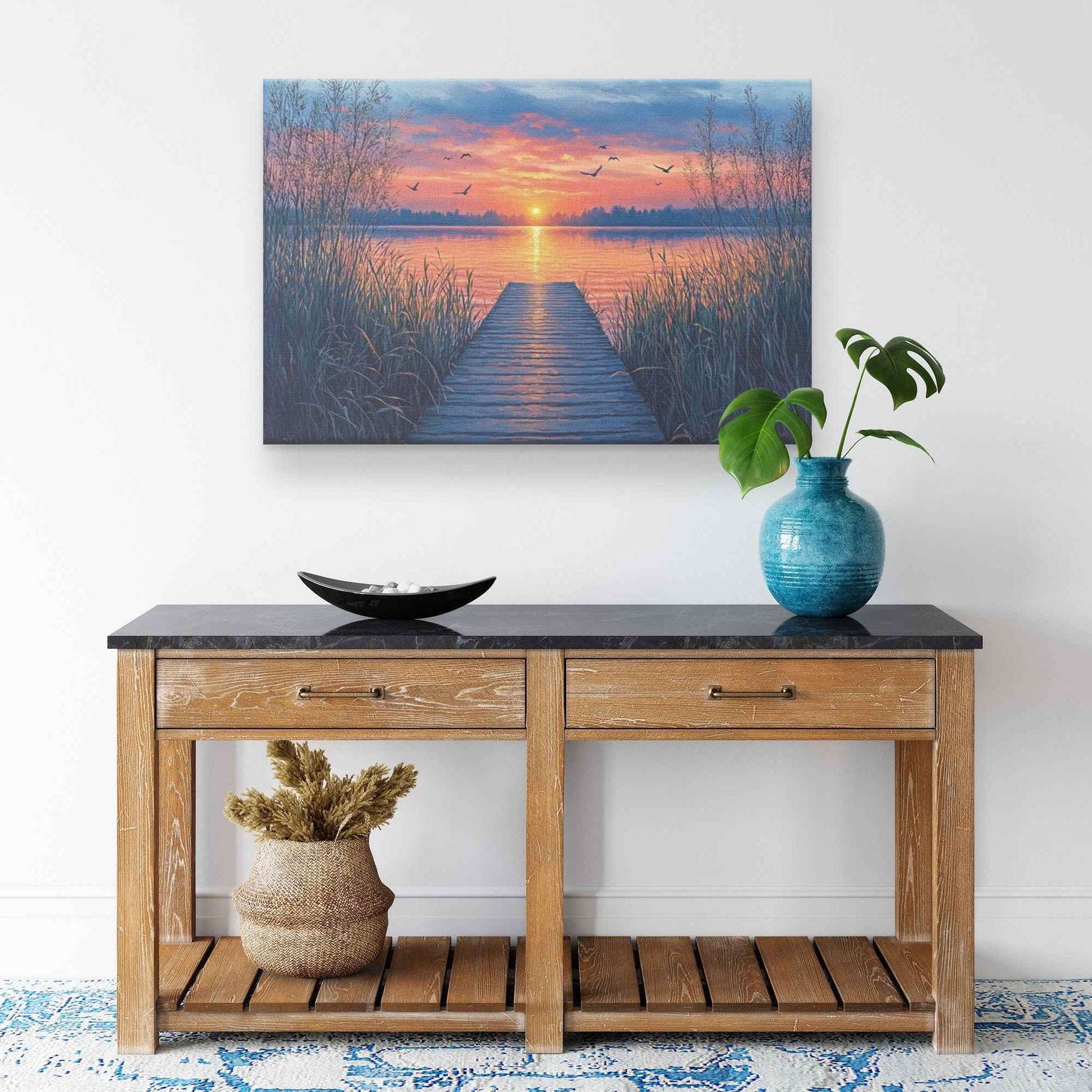 Vibrant Sunset Over Tranquil Lake with Reeds and Birds  Stunning Natural Scenery Landscape  Canvas Wall Art