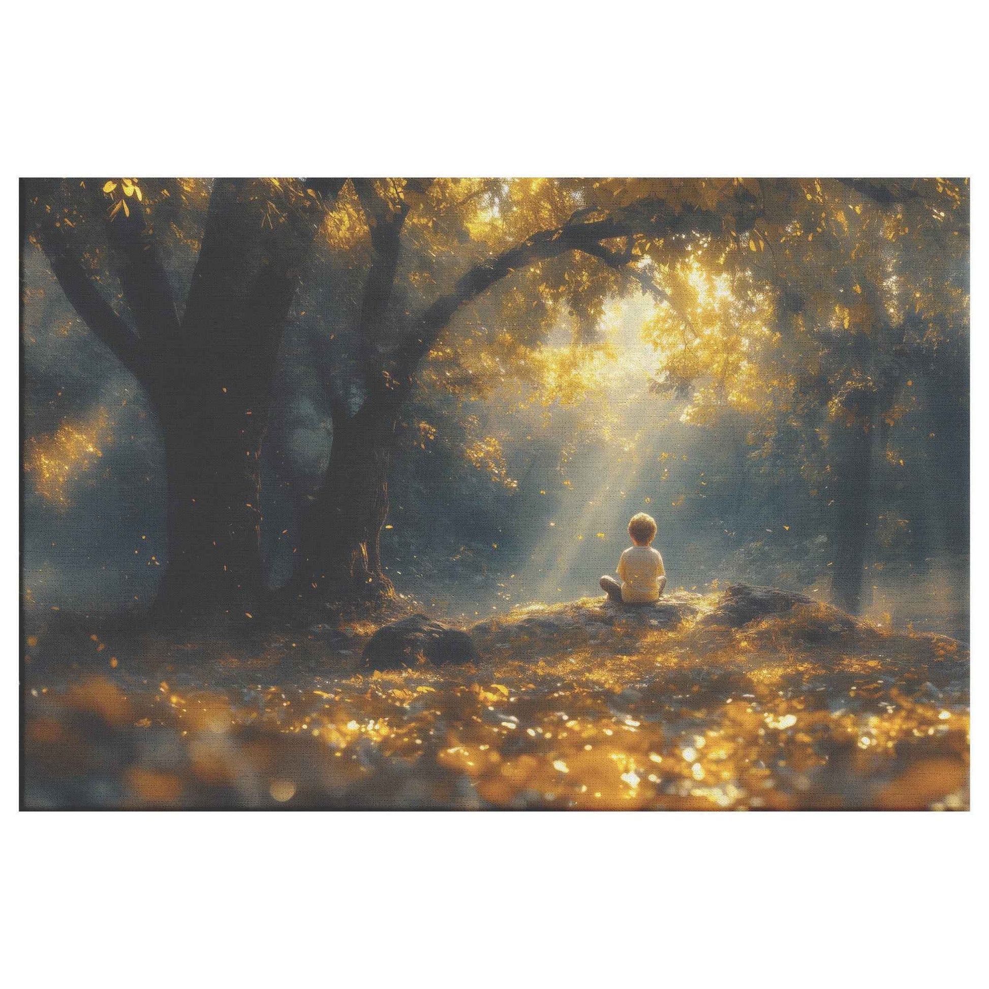 Whispers of Peace Child Praying Under a Tree in an Enchanted Golden Forest   Christian Canvas Wall Art Decor