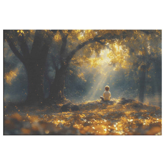 Whispers of Peace Child Praying Under a Tree in an Enchanted Golden Forest   Christian Canvas Wall Art Decor