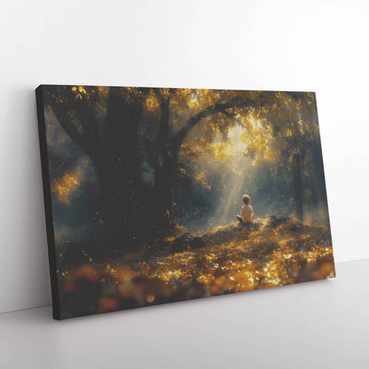Whispers of Peace Child Praying Under a Tree in an Enchanted Golden Forest   Christian Canvas Wall Art Decor