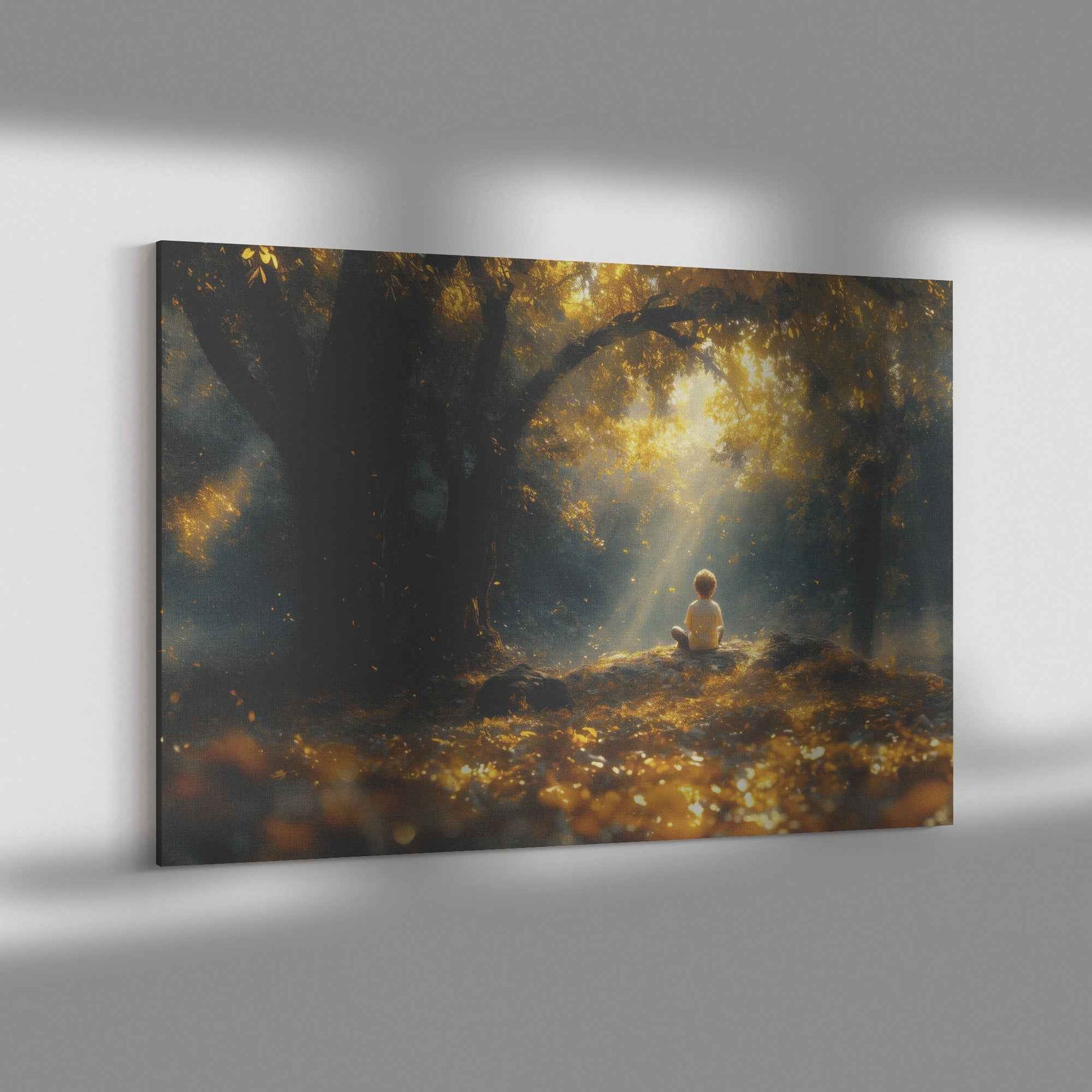 Whispers of Peace Child Praying Under a Tree in an Enchanted Golden Forest   Christian Canvas Wall Art Decor
