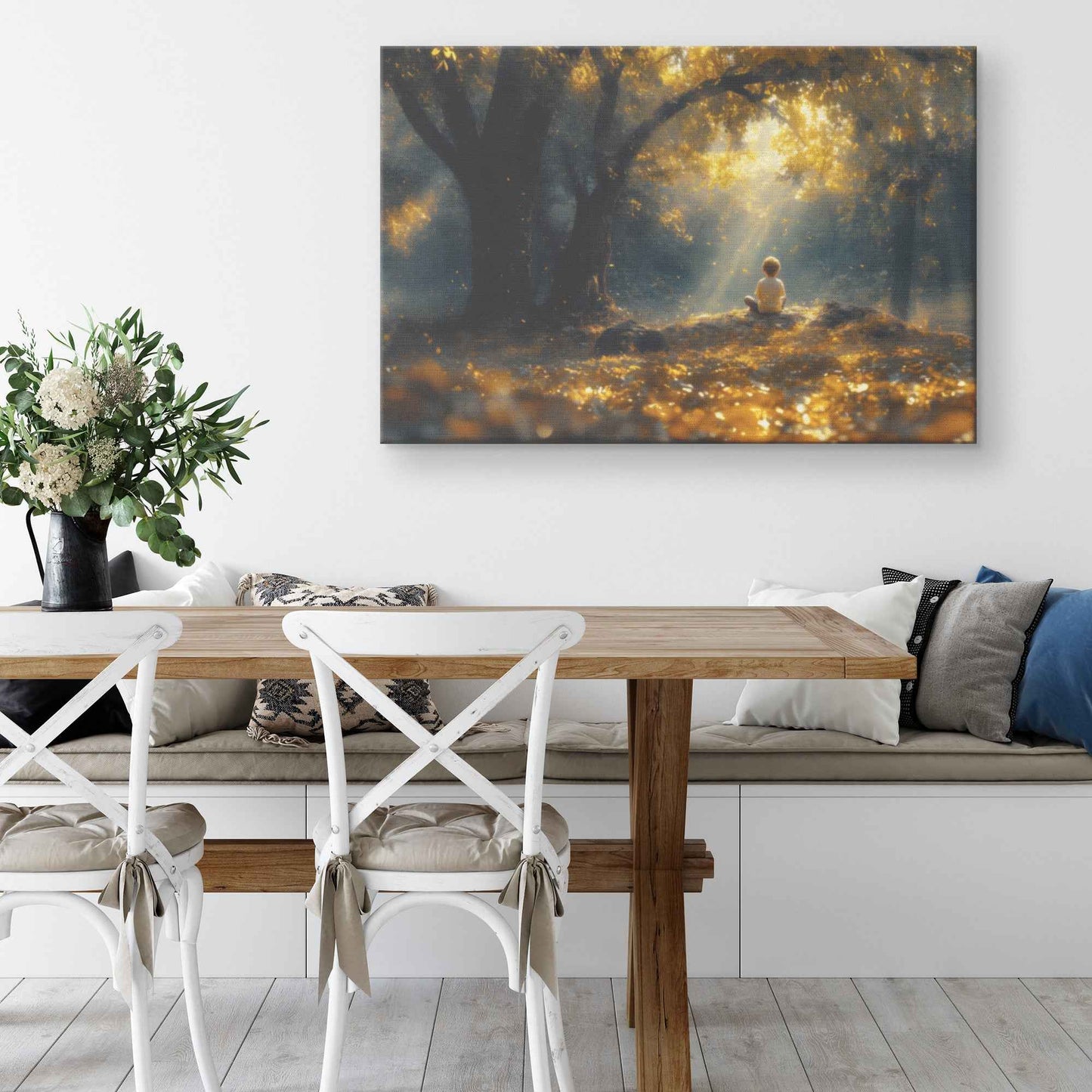 Whispers of Peace Child Praying Under a Tree in an Enchanted Golden Forest   Christian Canvas Wall Art Decor