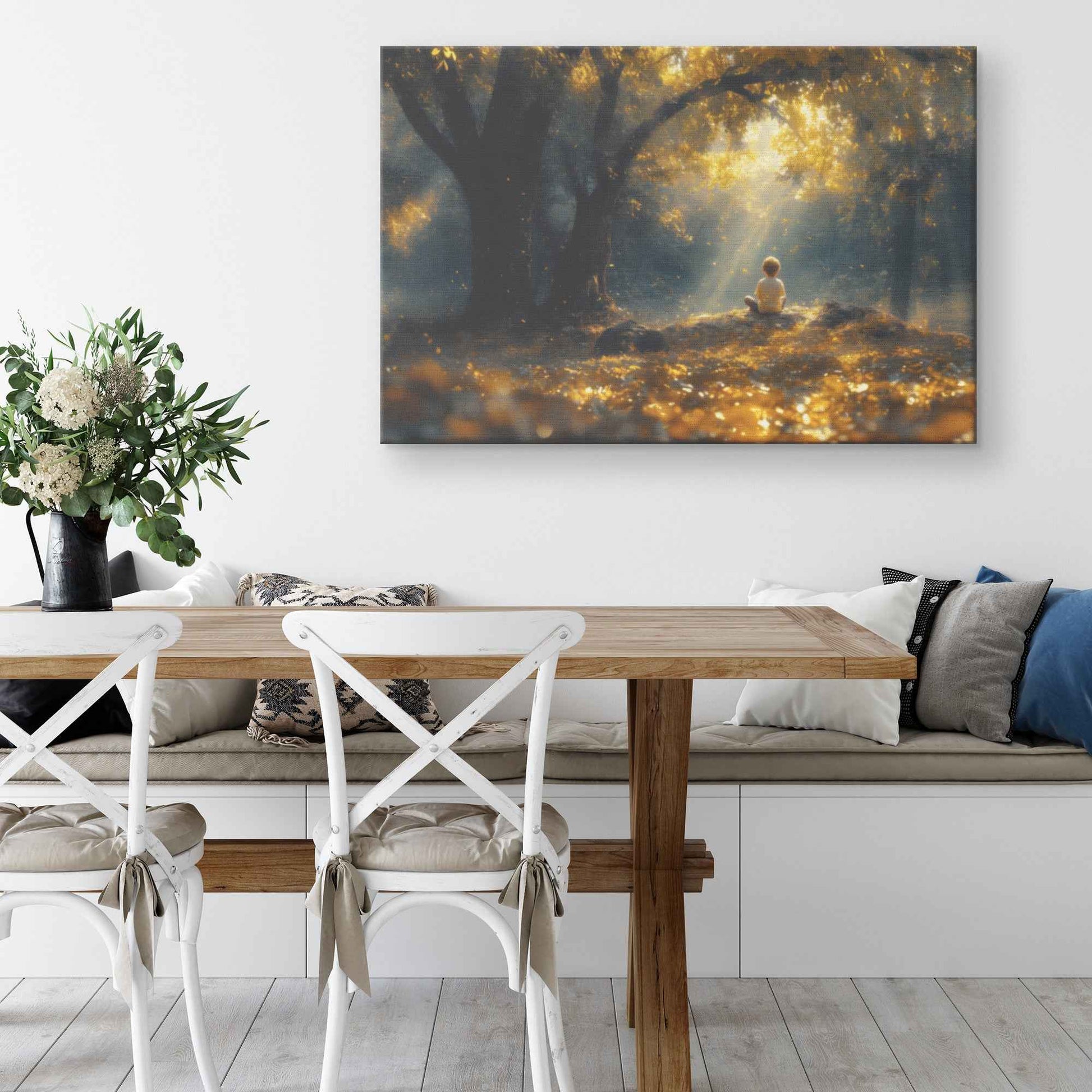 Whispers of Peace Child Praying Under a Tree in an Enchanted Golden Forest   Christian Canvas Wall Art Decor