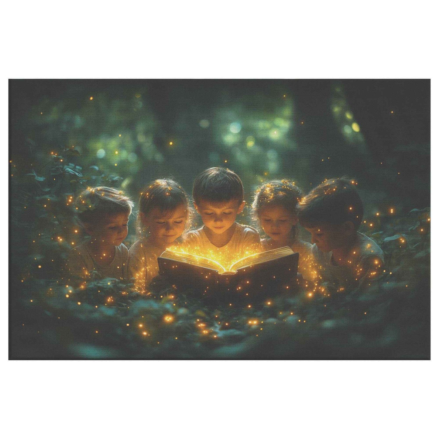 Whispers of Wonder Children Discovering the Ancient Book in a Magical Forest   Christian Canvas Wall Art Decor