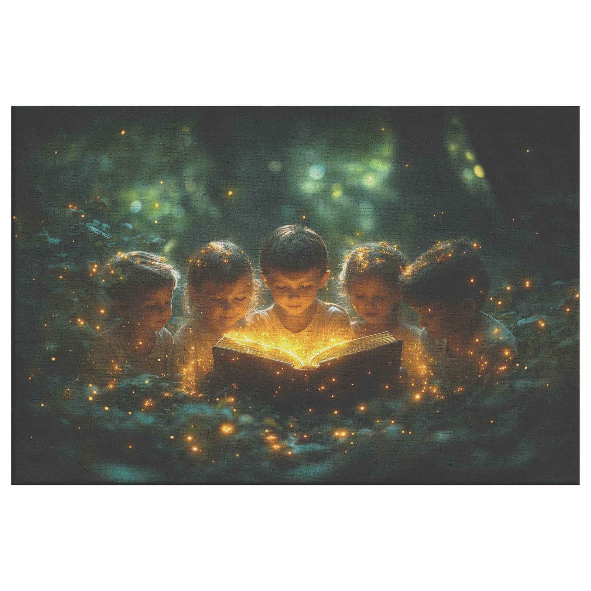 Whispers of Wonder Children Discovering the Ancient Book in a Magical Forest   Christian Canvas Wall Art Decor