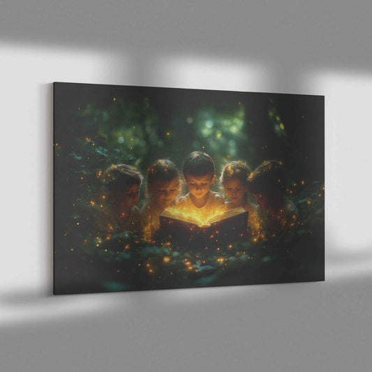 Whispers of Wonder Children Discovering the Ancient Book in a Magical Forest   Christian Canvas Wall Art Decor