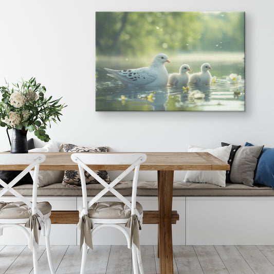 White Dove with Baby Ducks in Water Spring Scenery with Green Trees and Flowers River Sunlight Shining on Clear Lake  Nature Canvas Wall Art Decor - Awakening Righteousness