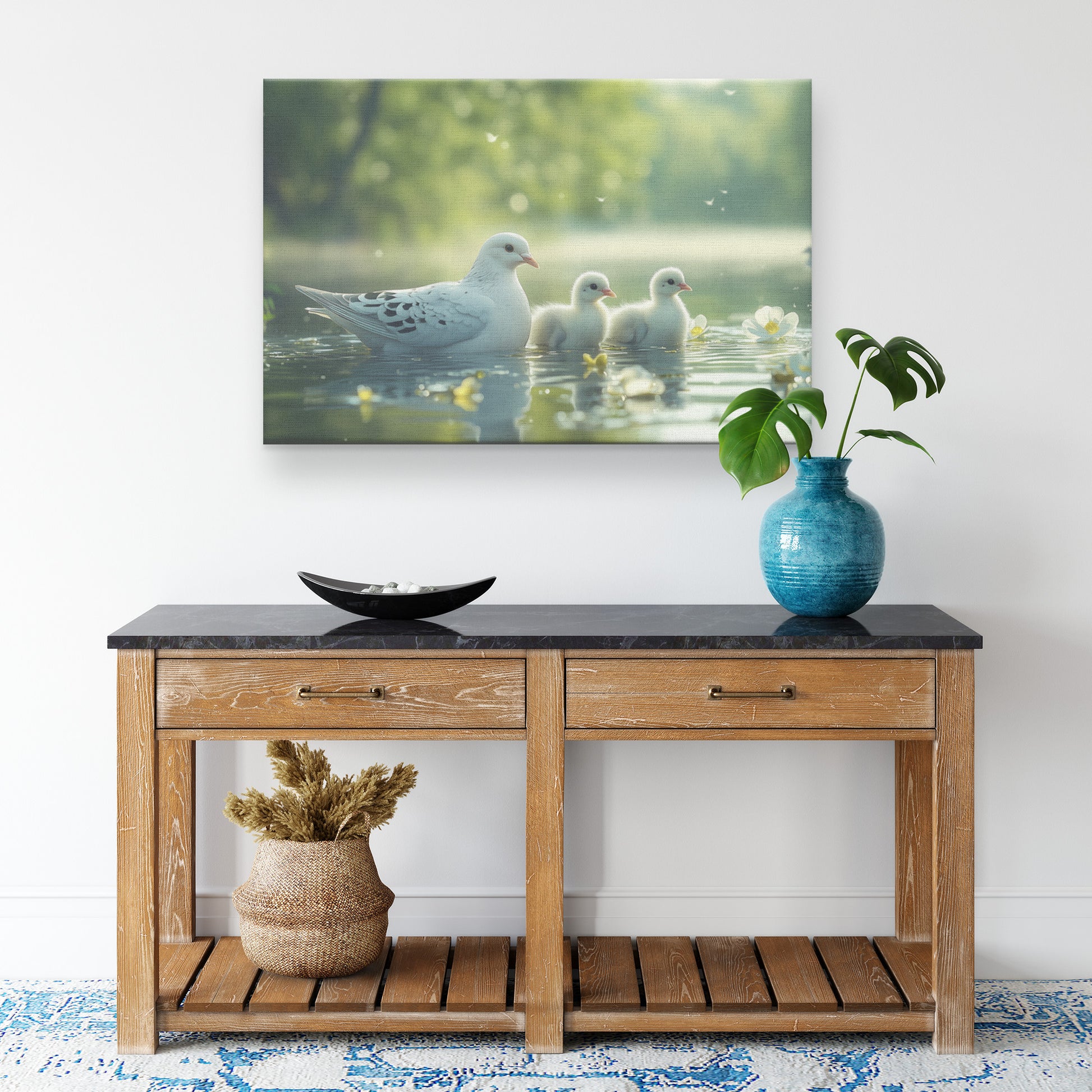 White Dove with Baby Ducks in Water Spring Scenery with Green Trees and Flowers River Sunlight Shining on Clear Lake  Nature Canvas Wall Art Decor - Awakening Righteousness