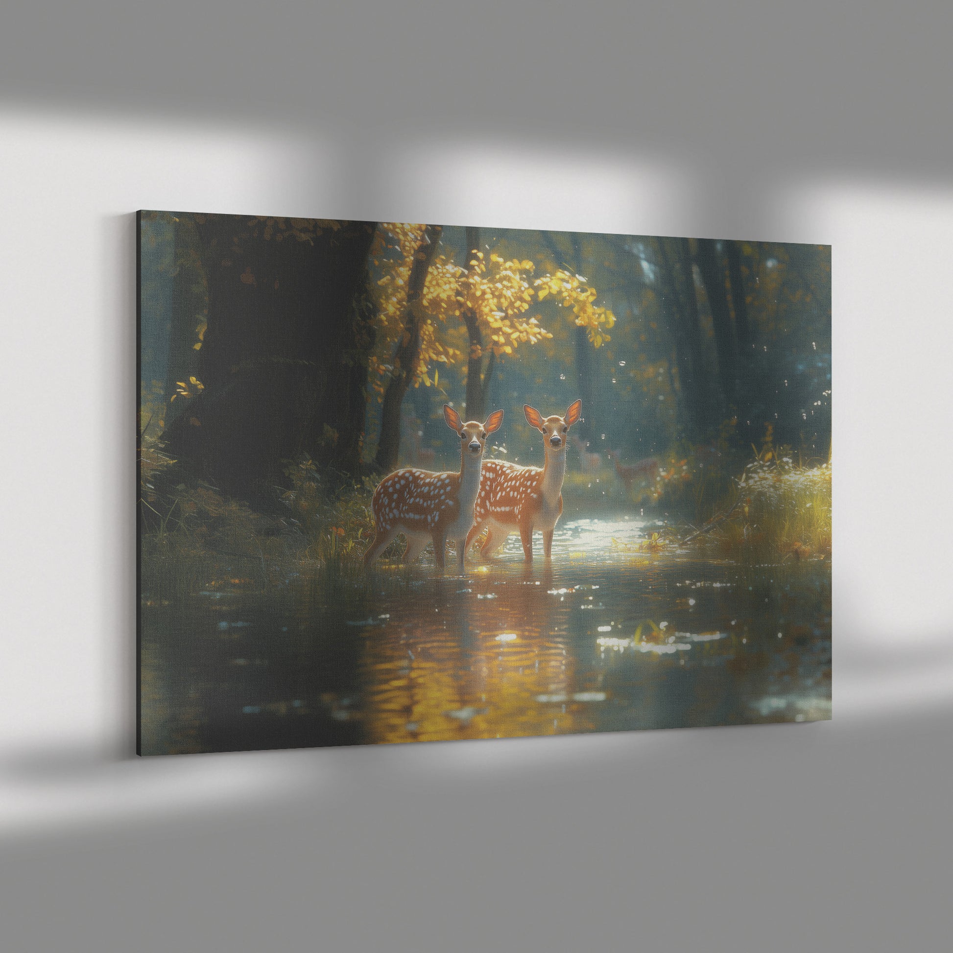 White-Tailed Deer Standing in Autumn Forest Stream with Vibrant Fall Foliage  Nature Wildlife Art for Home Living Room Cabin or Office  Canvas Wall Art Decor - Awakening Righteousness