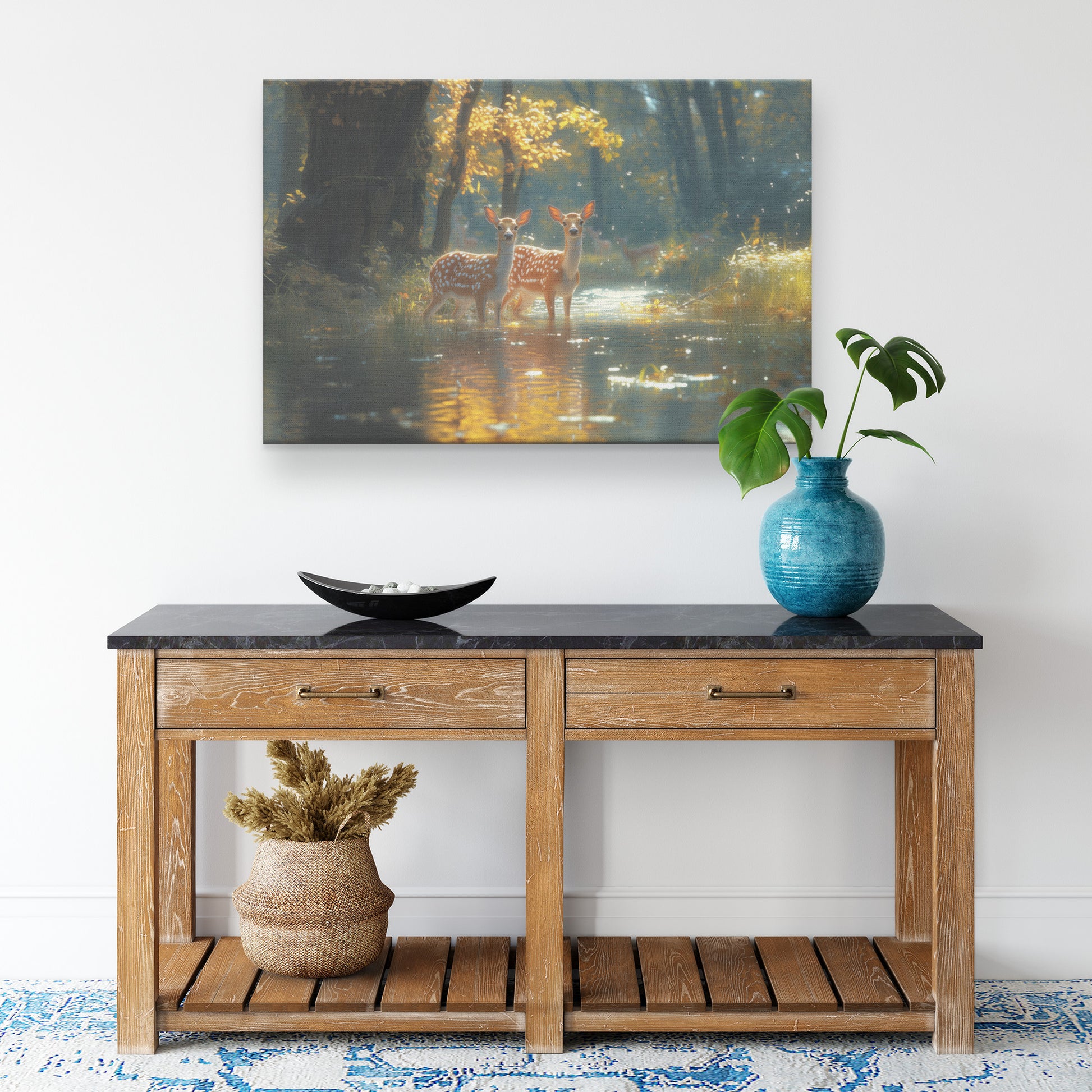 White-Tailed Deer Standing in Autumn Forest Stream with Vibrant Fall Foliage  Nature Wildlife Art for Home Living Room Cabin or Office  Canvas Wall Art Decor - Awakening Righteousness