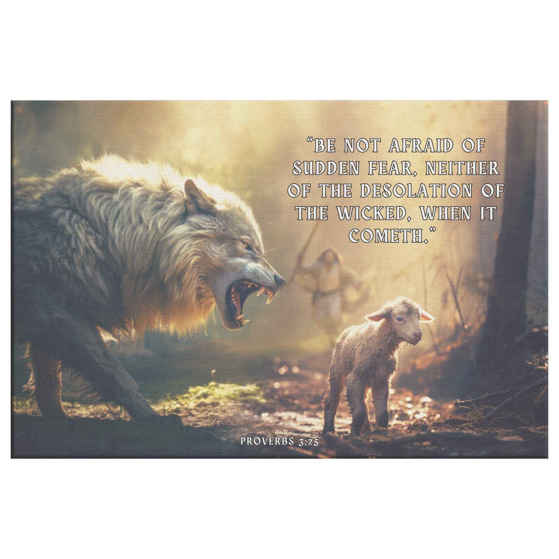 Wolf Attacking Christian Lamb Canvas Art Be not afraid of sudden fear neither of the desolation of the wicked when it cometh.