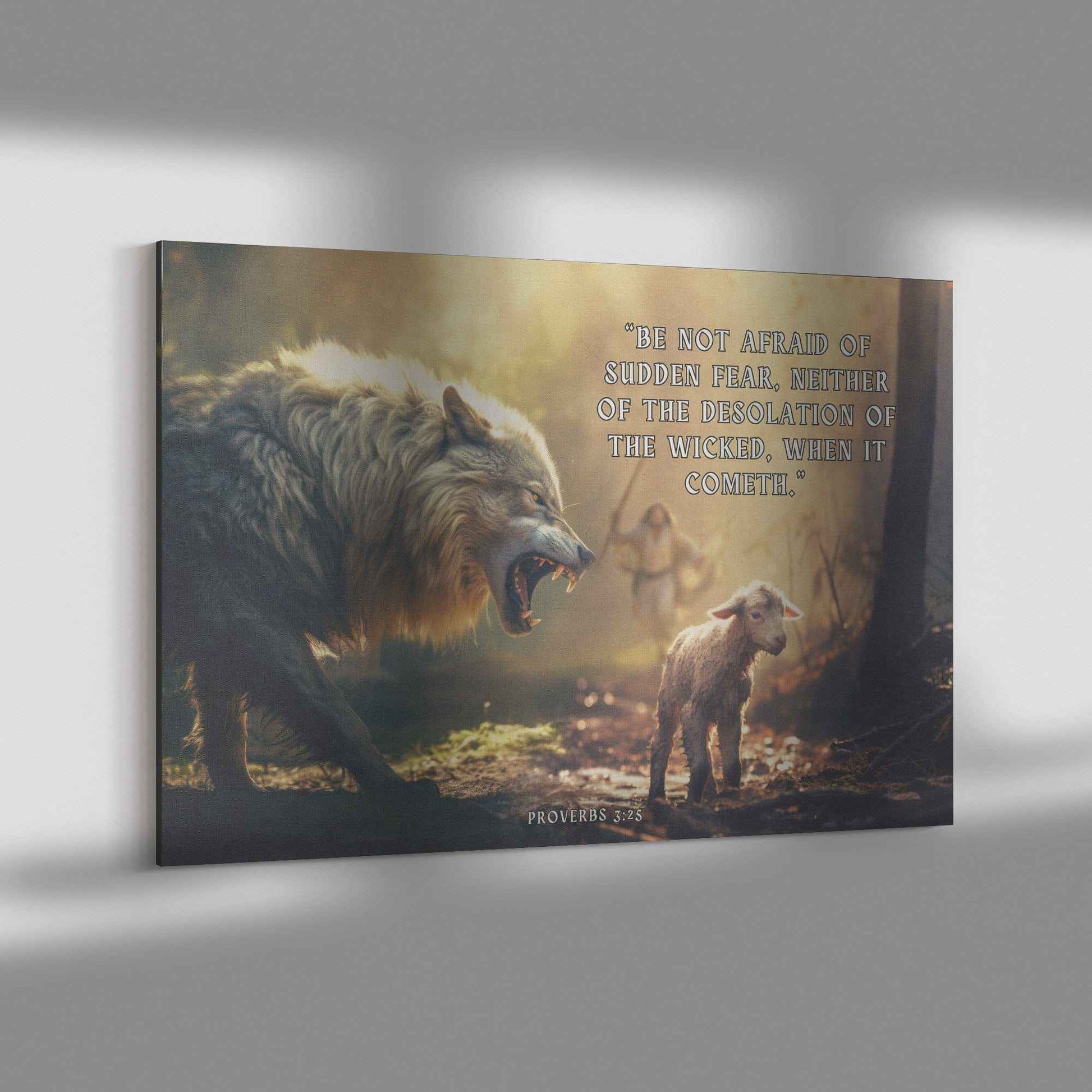Wolf Attacking Christian Lamb Canvas Art Be not afraid of sudden fear neither of the desolation of the wicked when it cometh.