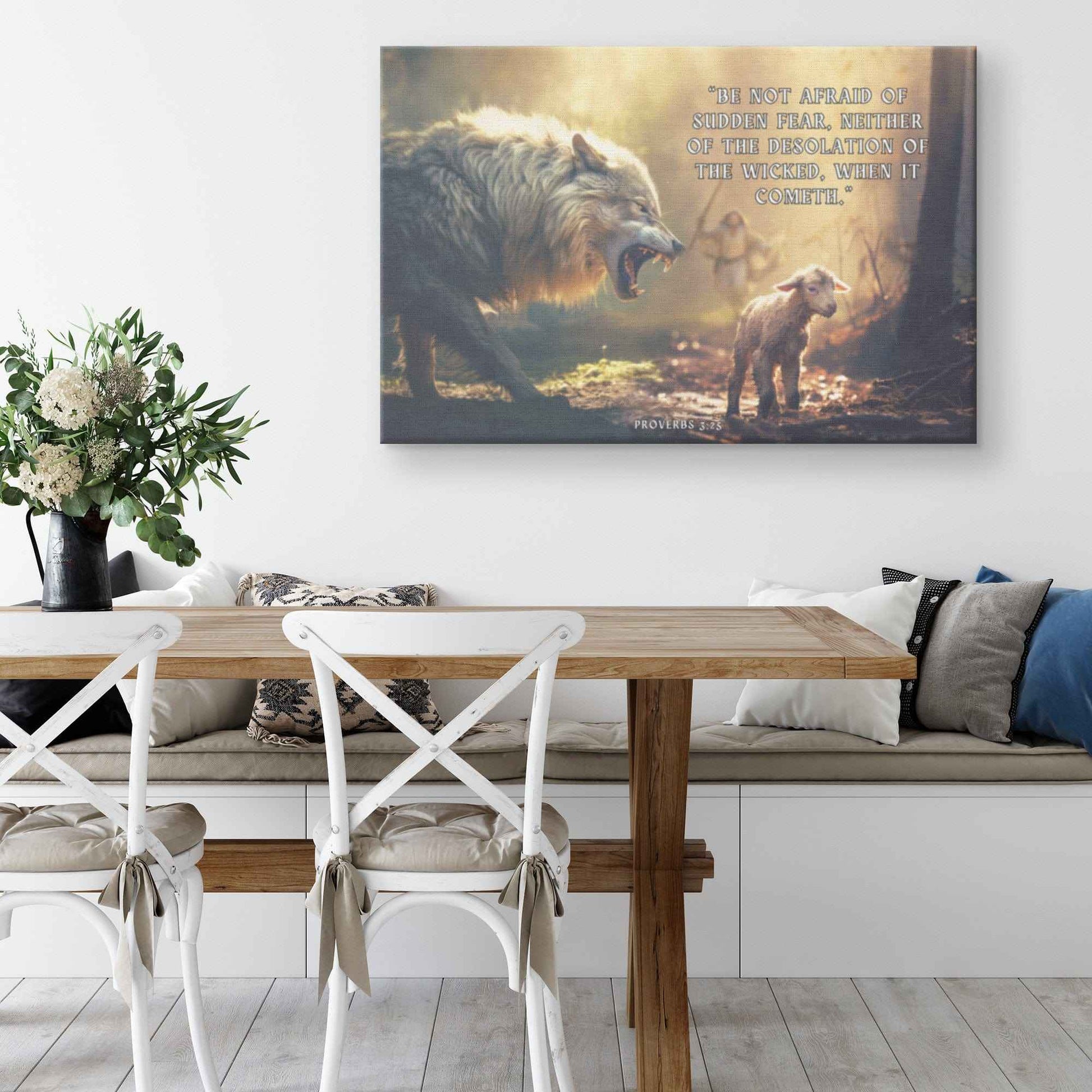 Wolf Attacking Christian Lamb Canvas Art Be not afraid of sudden fear neither of the desolation of the wicked when it cometh.