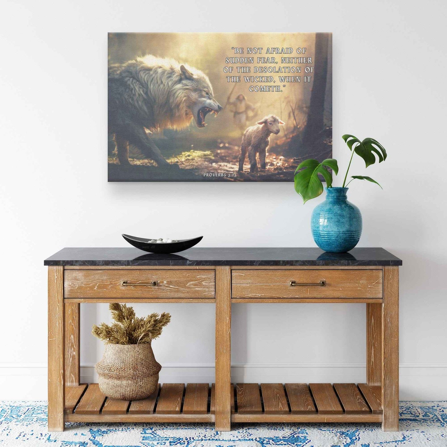 Wolf Attacking Christian Lamb Canvas Art Be not afraid of sudden fear neither of the desolation of the wicked when it cometh.
