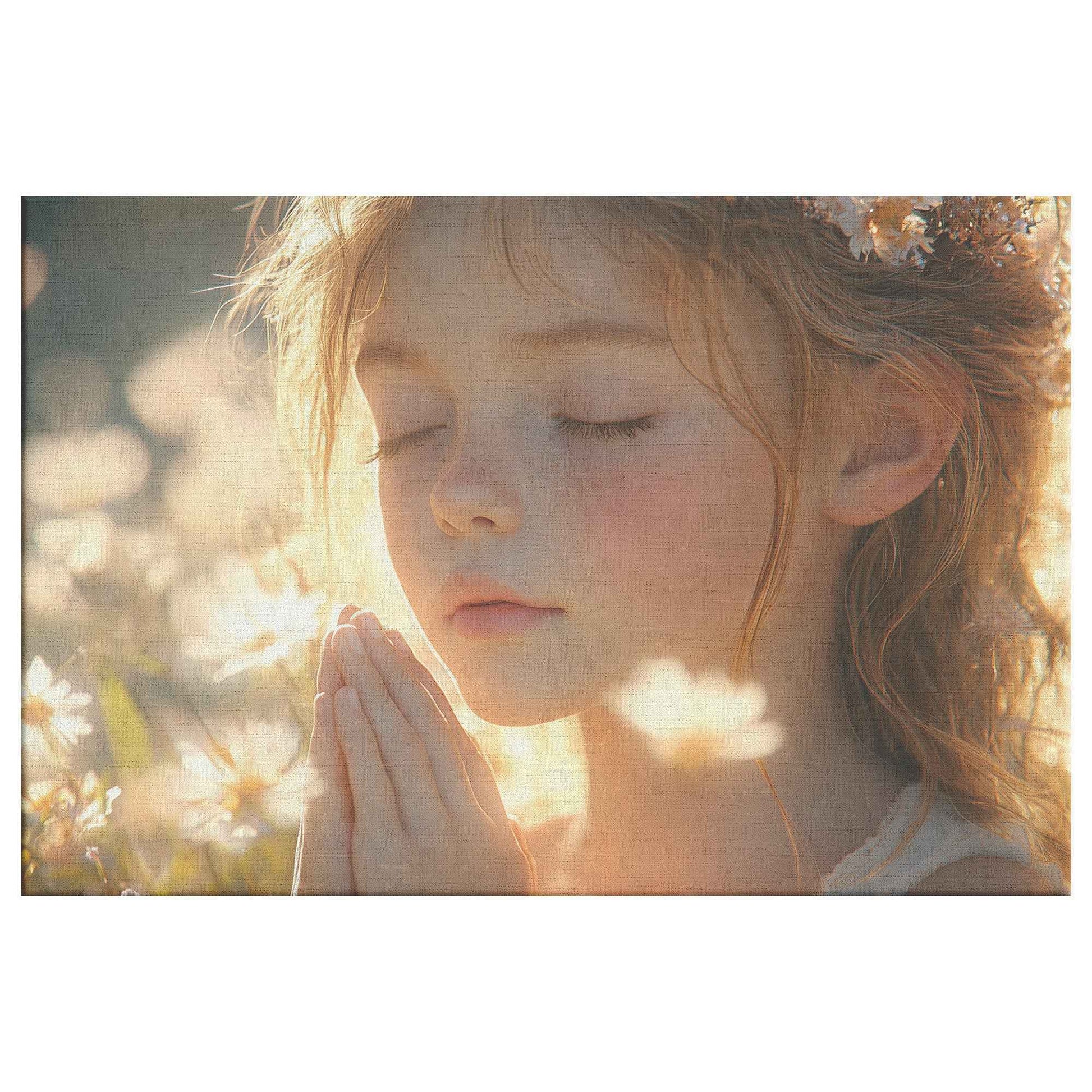 Young Girl in Prayer Surrounded Blooming Flowers   Serene Christian Canvas Wall Art Decor