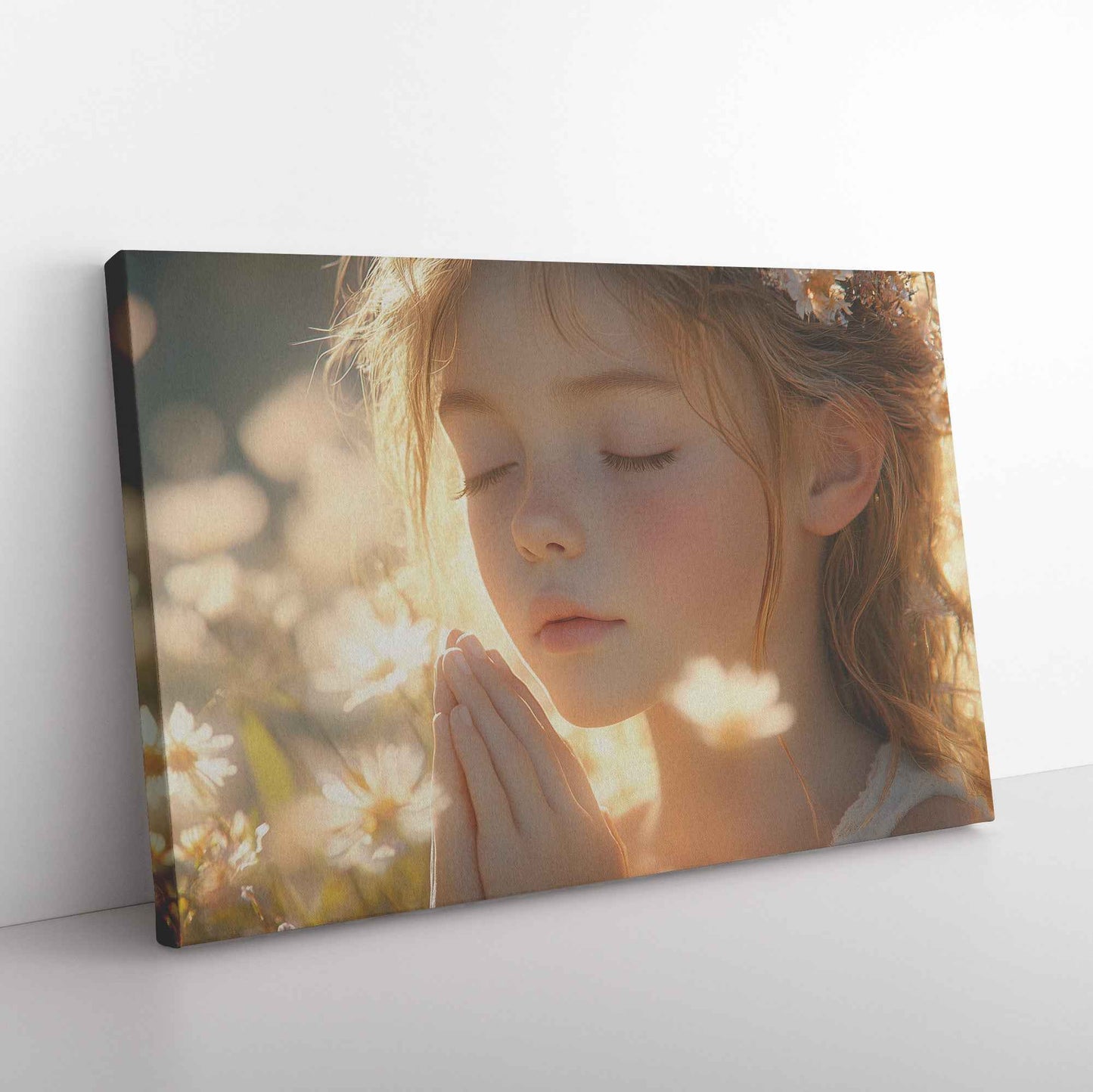 Young Girl in Prayer Surrounded Blooming Flowers   Serene Christian Canvas Wall Art Decor