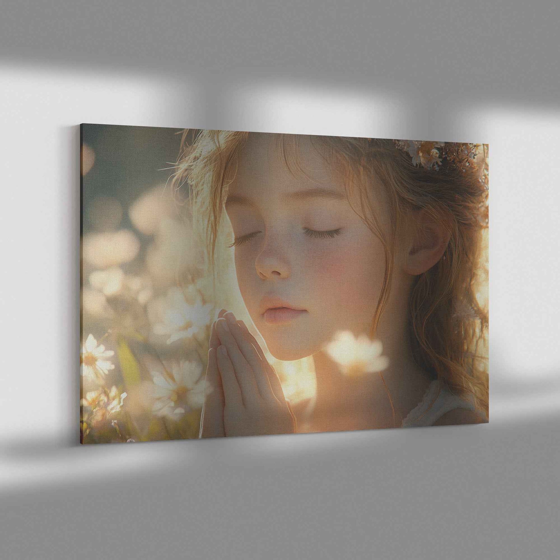 Young Girl in Prayer Surrounded Blooming Flowers   Serene Christian Canvas Wall Art Decor