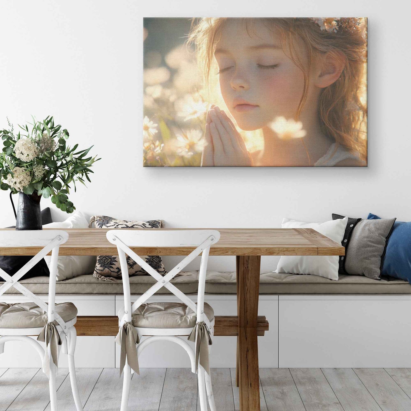 Young Girl in Prayer Surrounded Blooming Flowers   Serene Christian Canvas Wall Art Decor