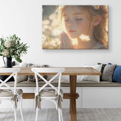 Young Girl in Prayer Surrounded Blooming Flowers   Serene Christian Canvas Wall Art Decor