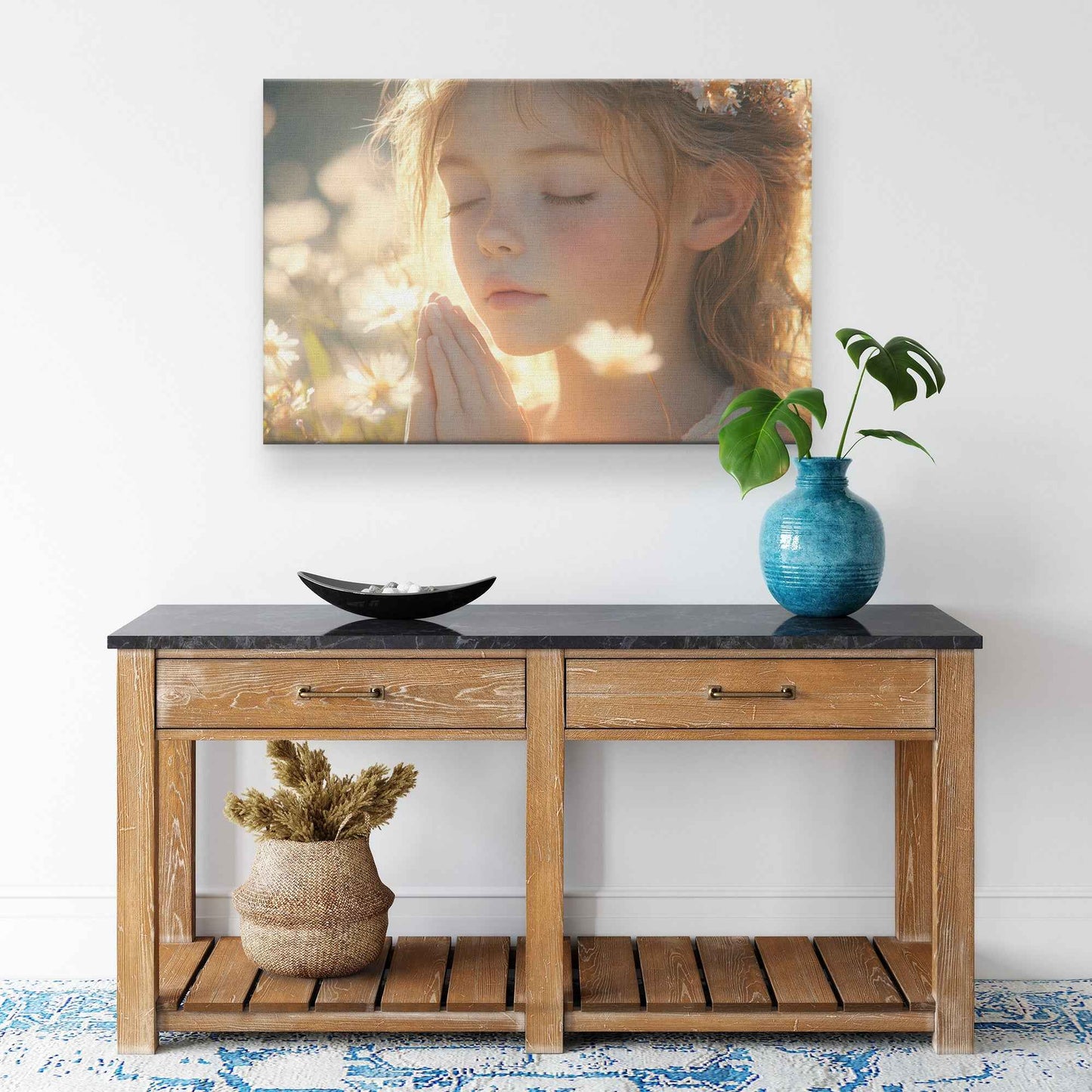 Young Girl in Prayer Surrounded Blooming Flowers   Serene Christian Canvas Wall Art Decor