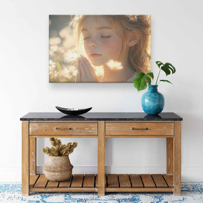 Young Girl in Prayer Surrounded Blooming Flowers   Serene Christian Canvas Wall Art Decor