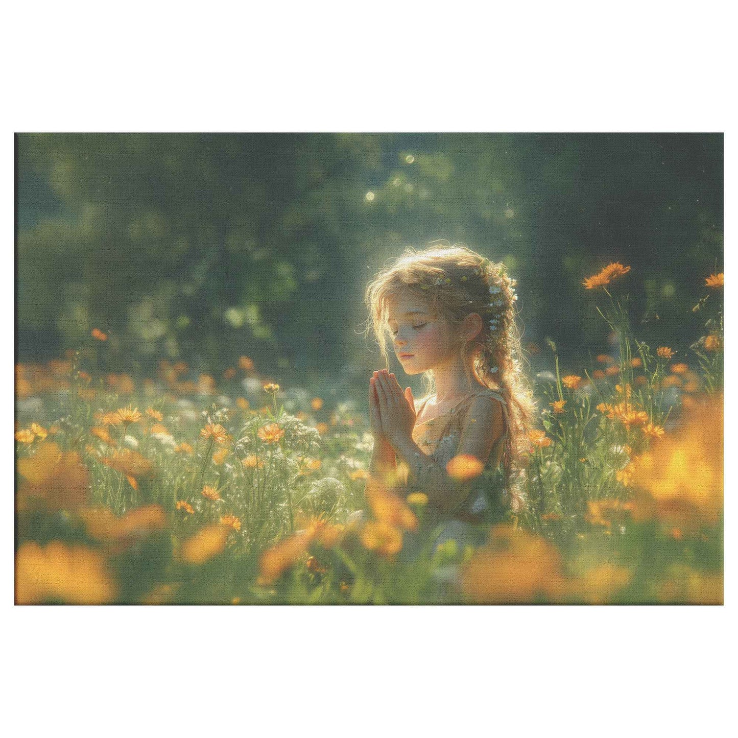 Young Girl’s Peaceful Prayer Amid Blooming Flowers and Sunlit Greenery   Christian Canvas Wall Art Decor