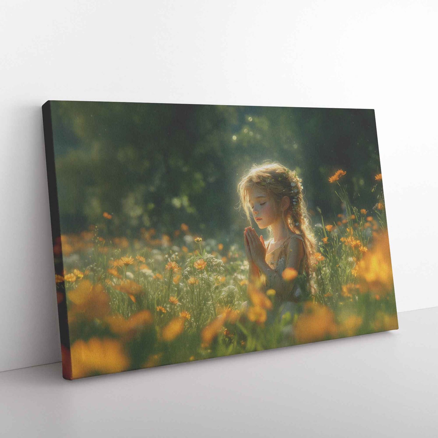 Young Girl’s Peaceful Prayer Amid Blooming Flowers and Sunlit Greenery   Christian Canvas Wall Art Decor