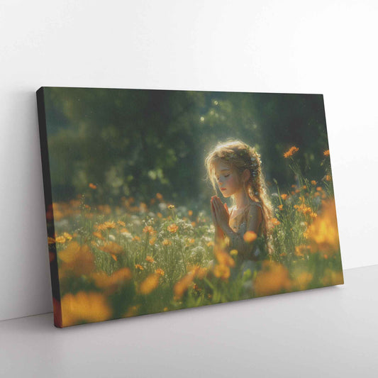Young Girl’s Peaceful Prayer Amid Blooming Flowers and Sunlit Greenery   Christian Canvas Wall Art Decor