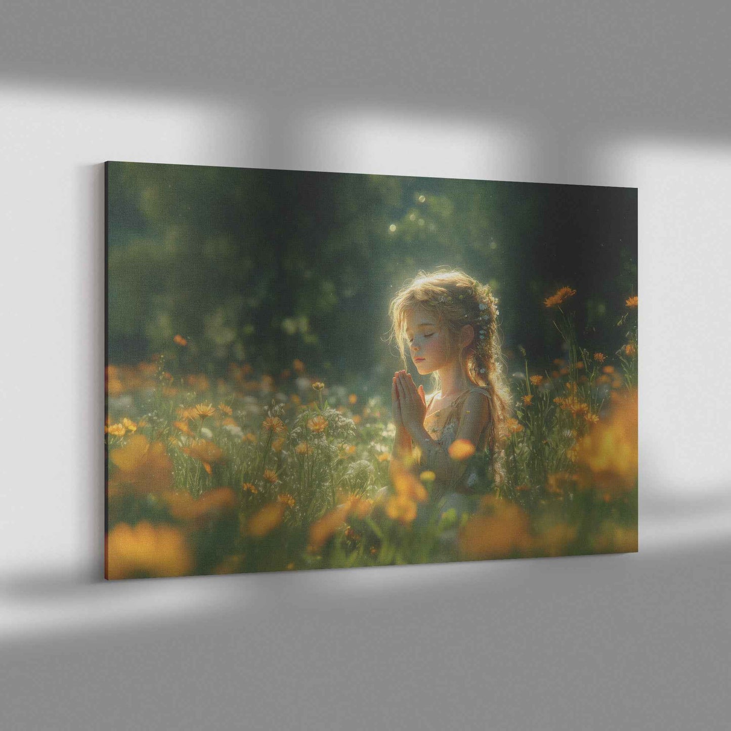 Young Girl’s Peaceful Prayer Amid Blooming Flowers and Sunlit Greenery   Christian Canvas Wall Art Decor