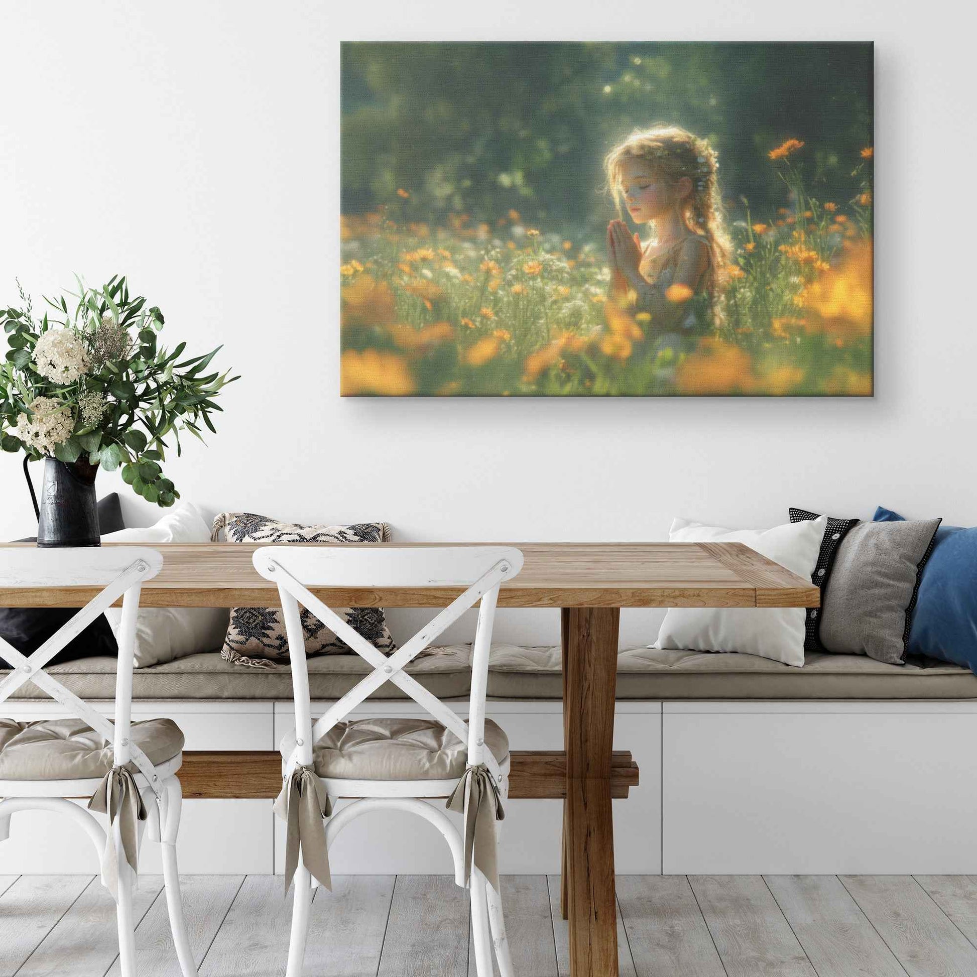 Young Girl’s Peaceful Prayer Amid Blooming Flowers and Sunlit Greenery   Christian Canvas Wall Art Decor