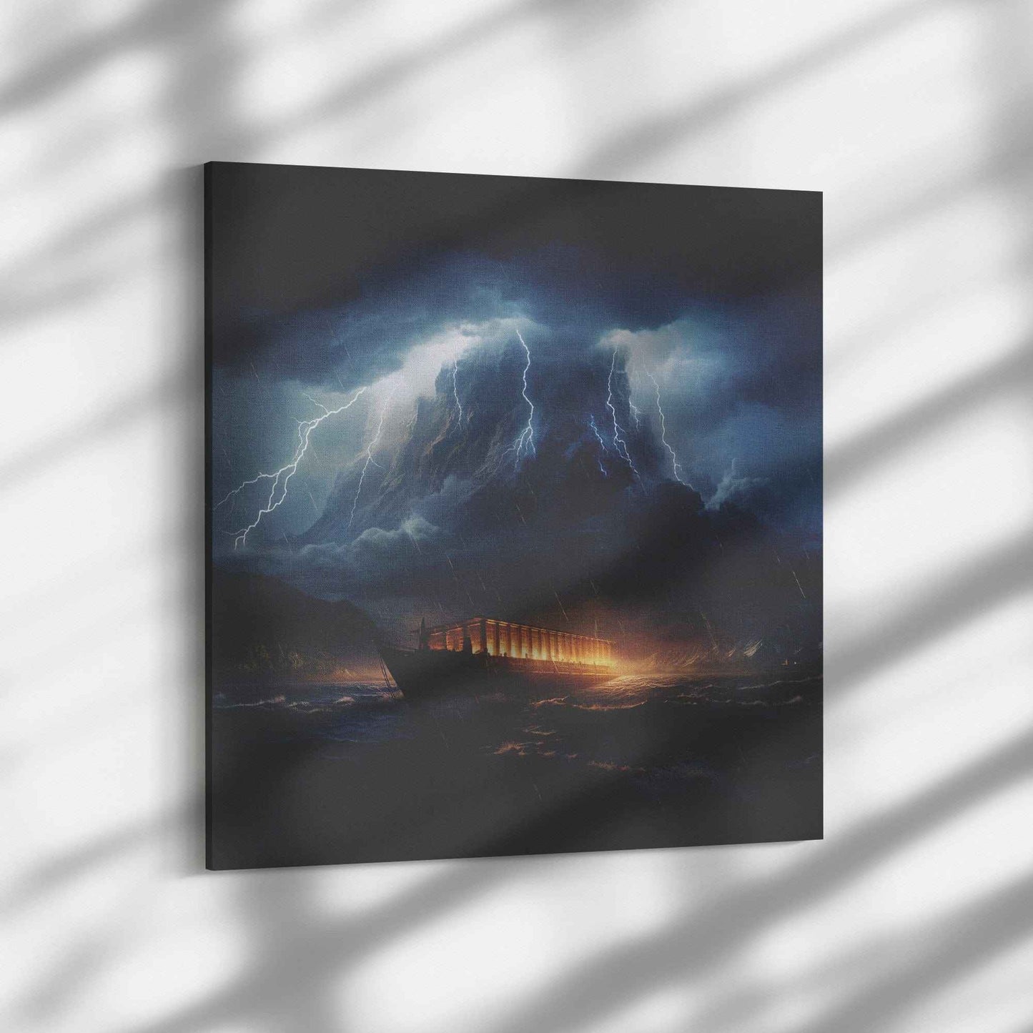 Noah's Ark In The Ocean With A Lightning Storm Square Canvas Wall Art