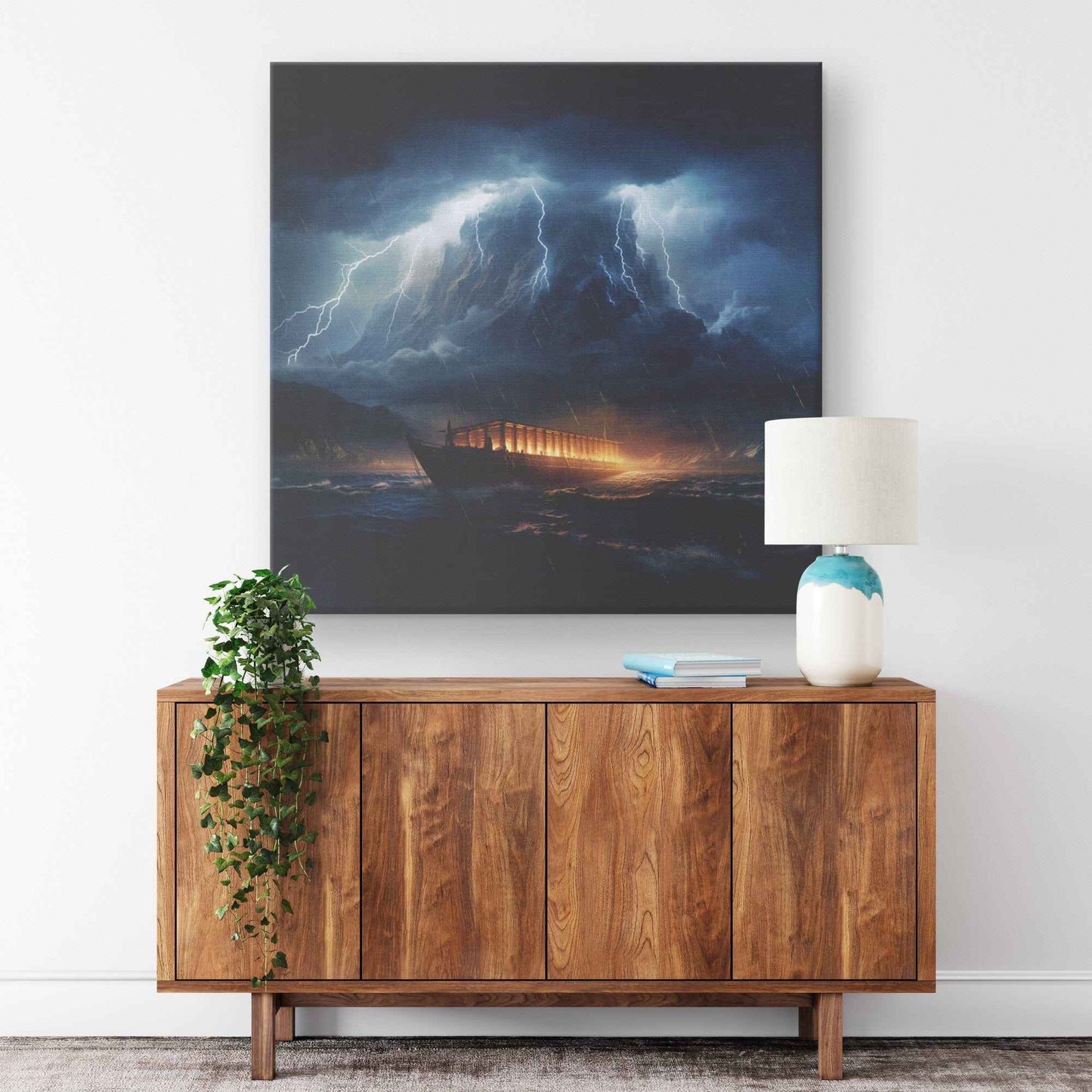 Noah's Ark In The Ocean With A Lightning Storm Square Canvas Wall Art