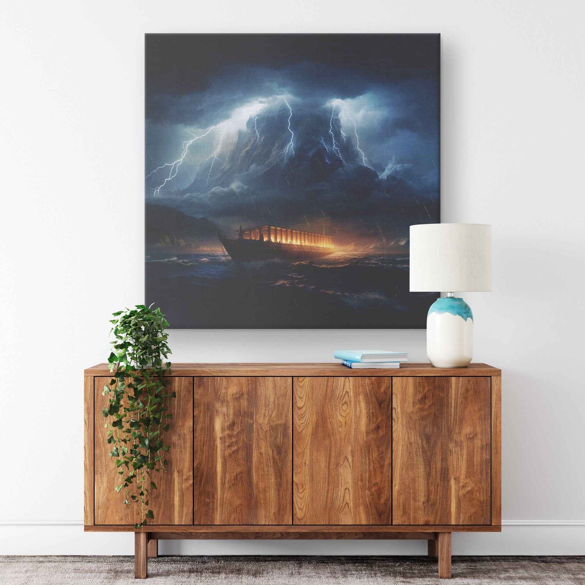 Noah's Ark In The Ocean With A Lightning Storm Square Canvas Wall Art