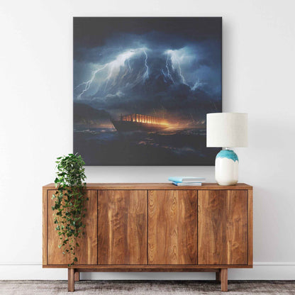 Noah's Ark In The Ocean With A Lightning Storm Square Canvas Wall Art