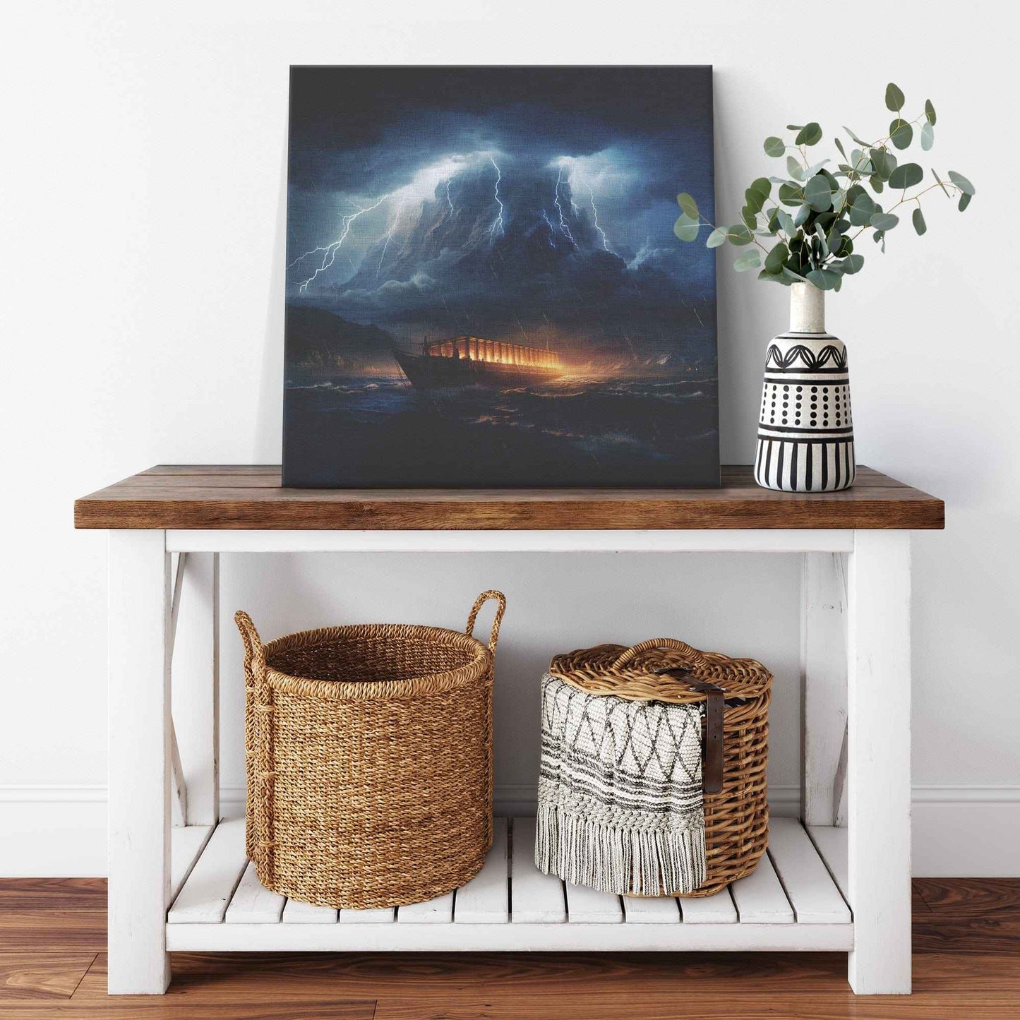 Noah's Ark In The Ocean With A Lightning Storm Square Canvas Wall Art