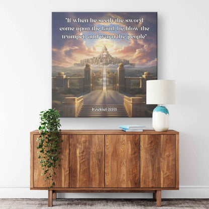 Sounding the Trumpet Christian Square Canvas Wall Art Scripture Ezekiel 33:3