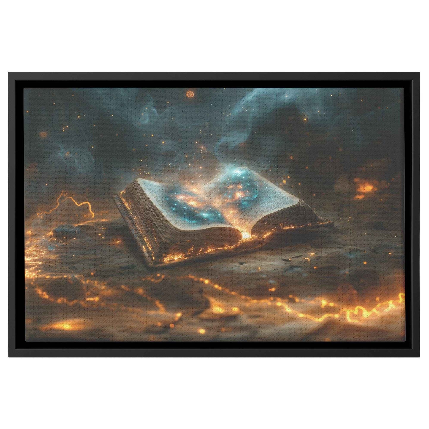 Open Glowing Bible with God's Cosmos Creation  Framed Gloss Art Picture for Spiritual Decor
