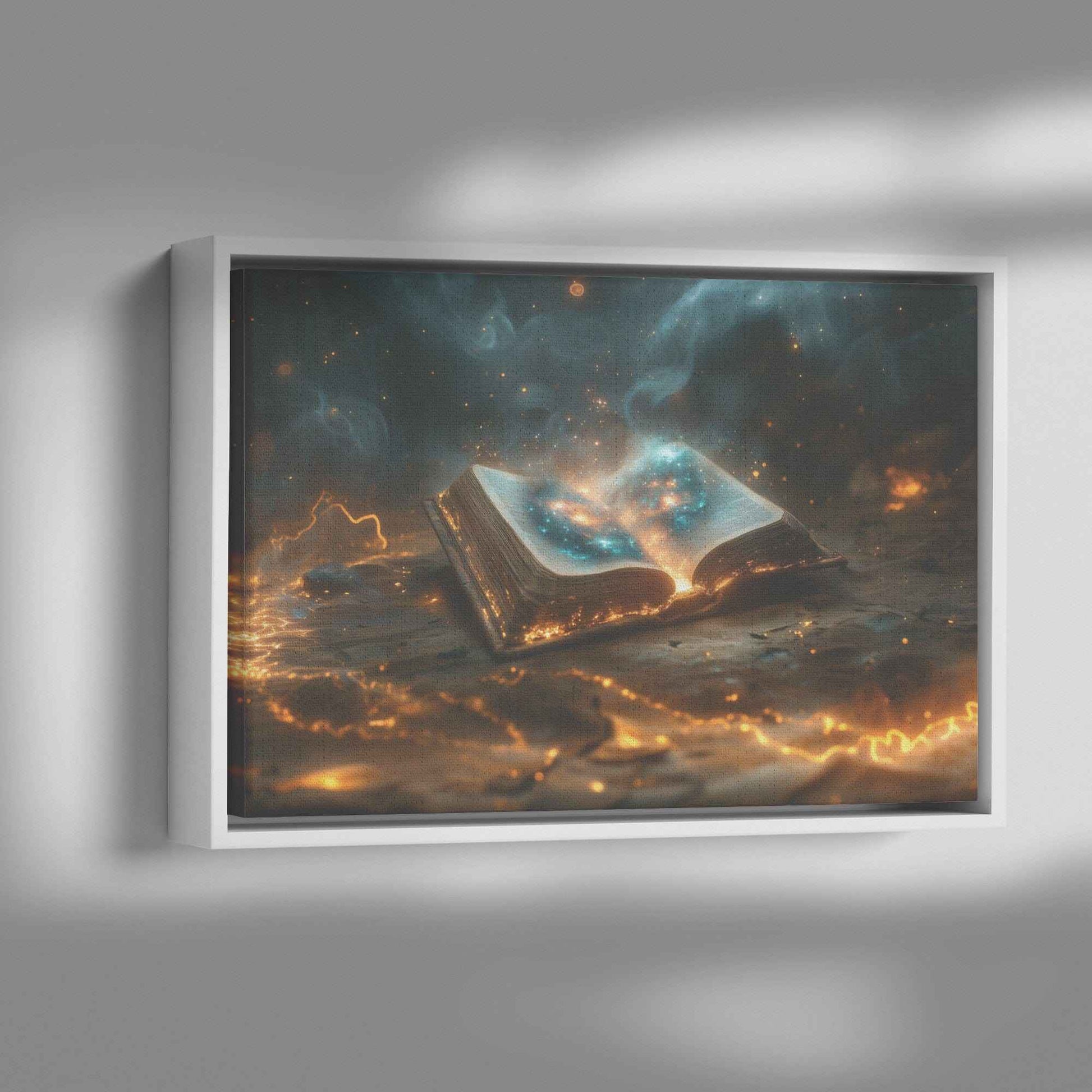 Open Glowing Bible with God's Cosmos Creation  Framed Gloss Art Picture for Spiritual Decor