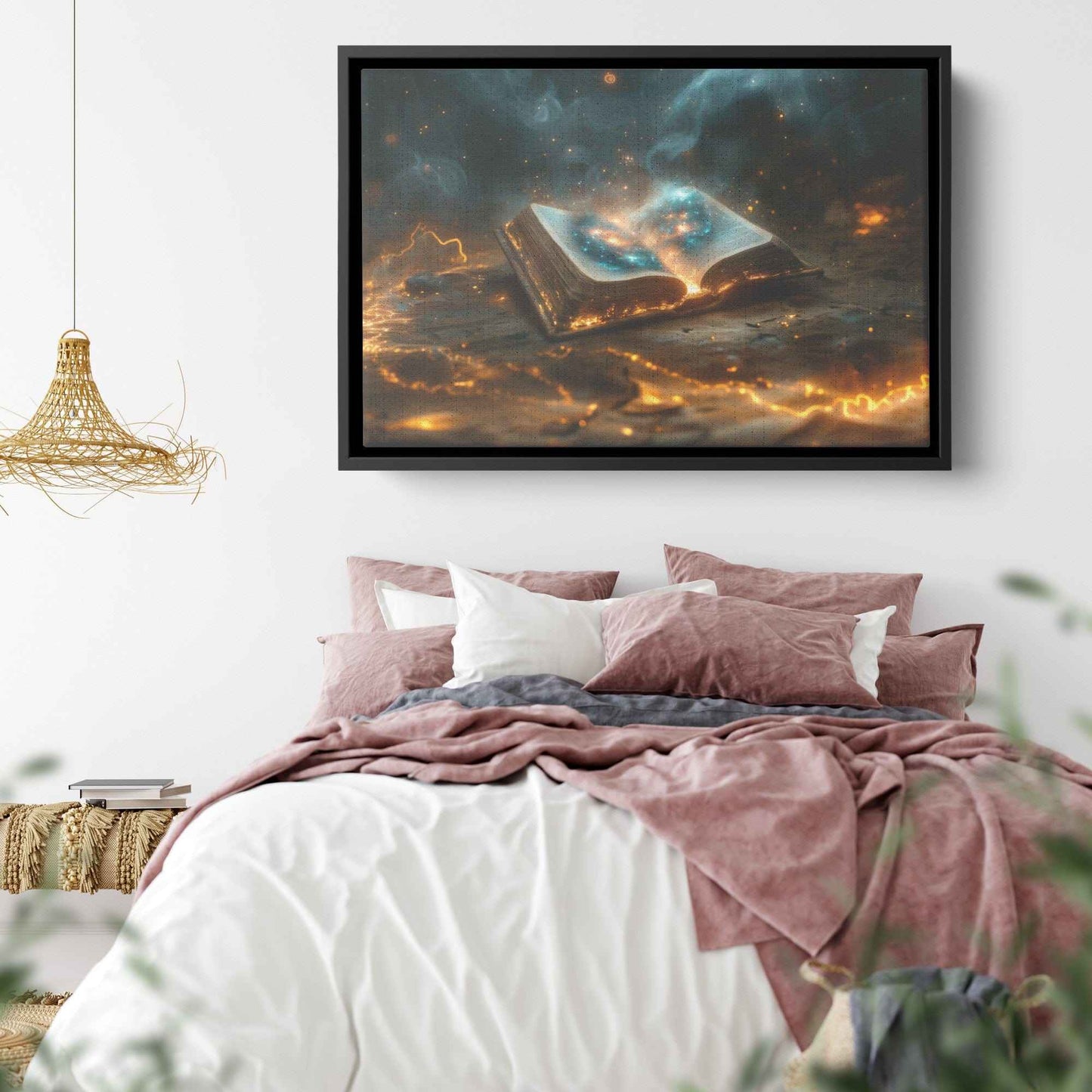 Open Glowing Bible with God's Cosmos Creation  Framed Gloss Art Picture for Spiritual Decor