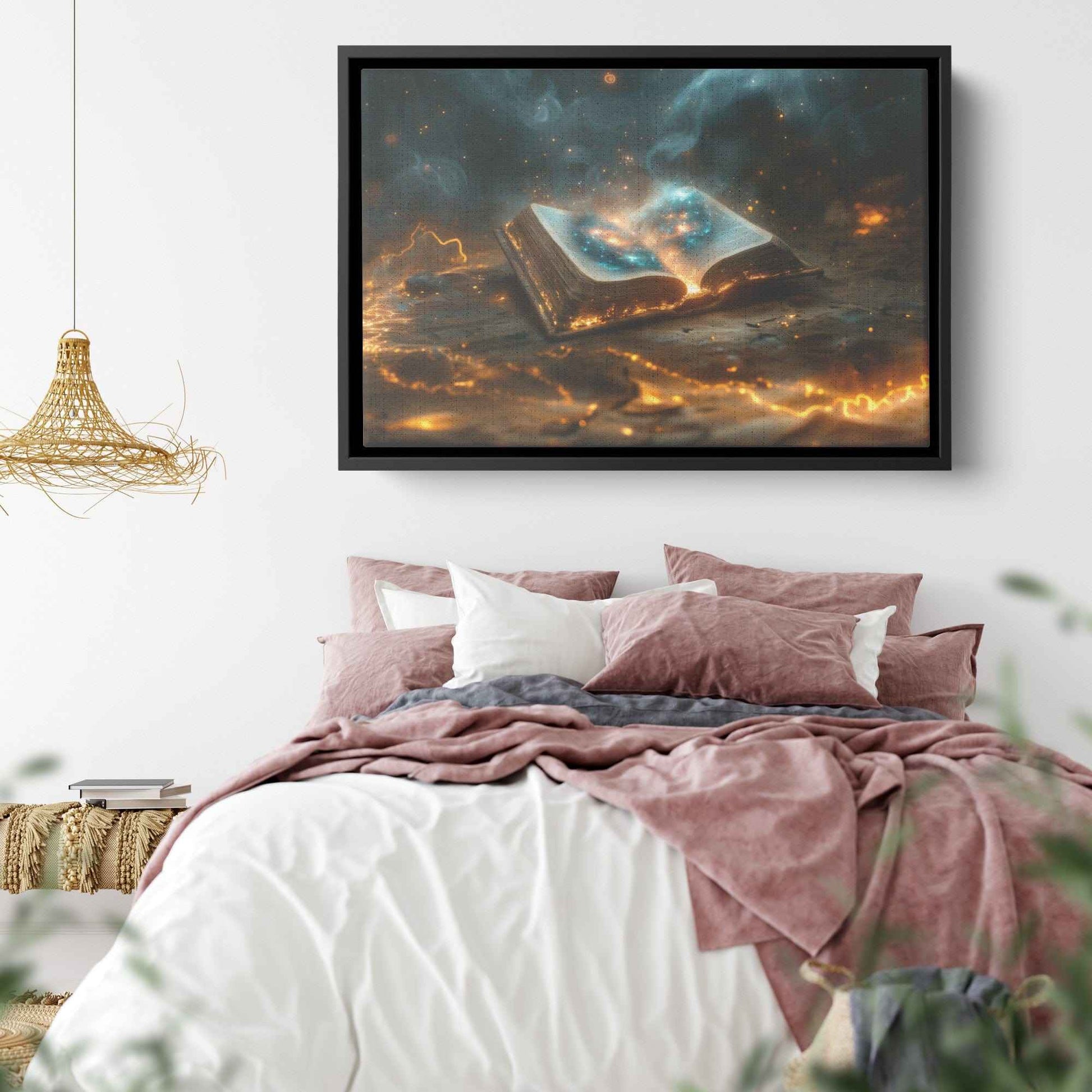 Open Glowing Bible with God's Cosmos Creation  Framed Gloss Art Picture for Spiritual Decor