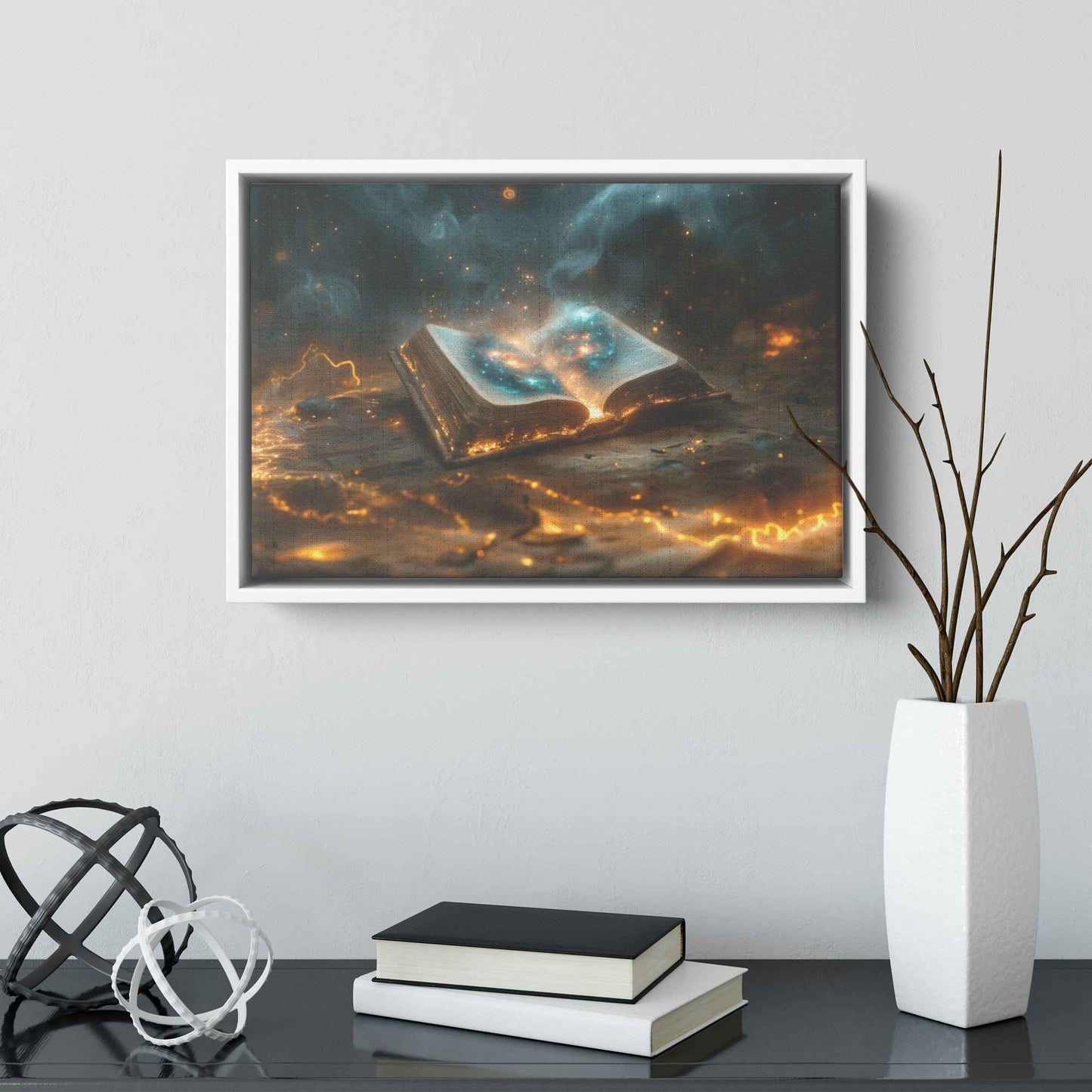 Open Glowing Bible with God's Cosmos Creation  Framed Gloss Art Picture for Spiritual Decor