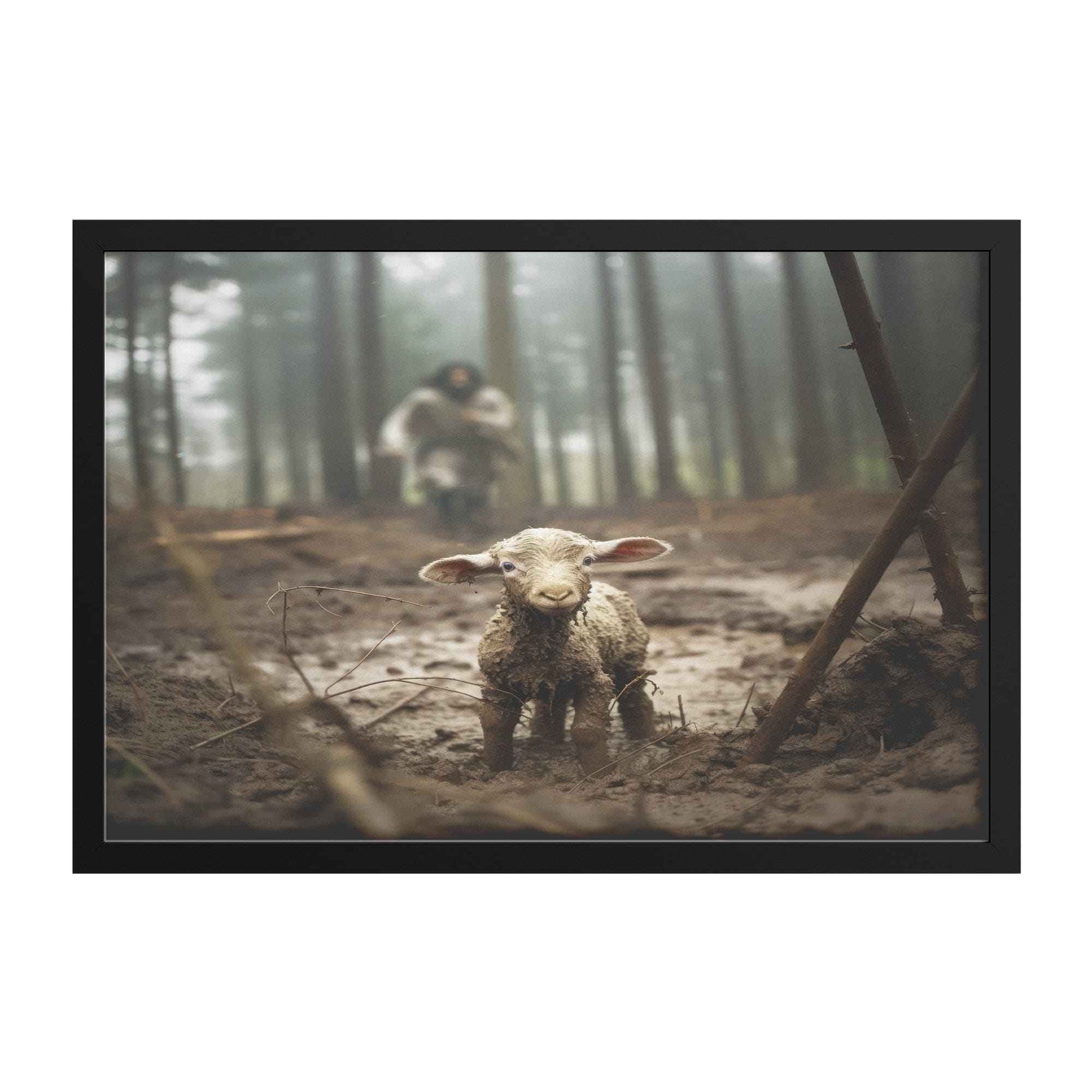 Jesus Runs Towards A Lost Lamb In The Forest Wall Art Print With Frame