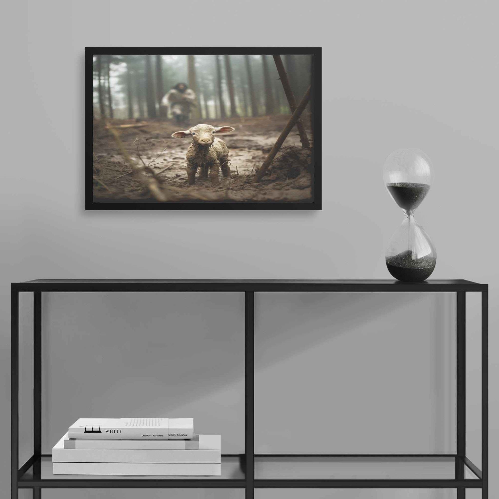 Jesus Runs Towards A Lost Lamb In The Forest Wall Art Print With Frame