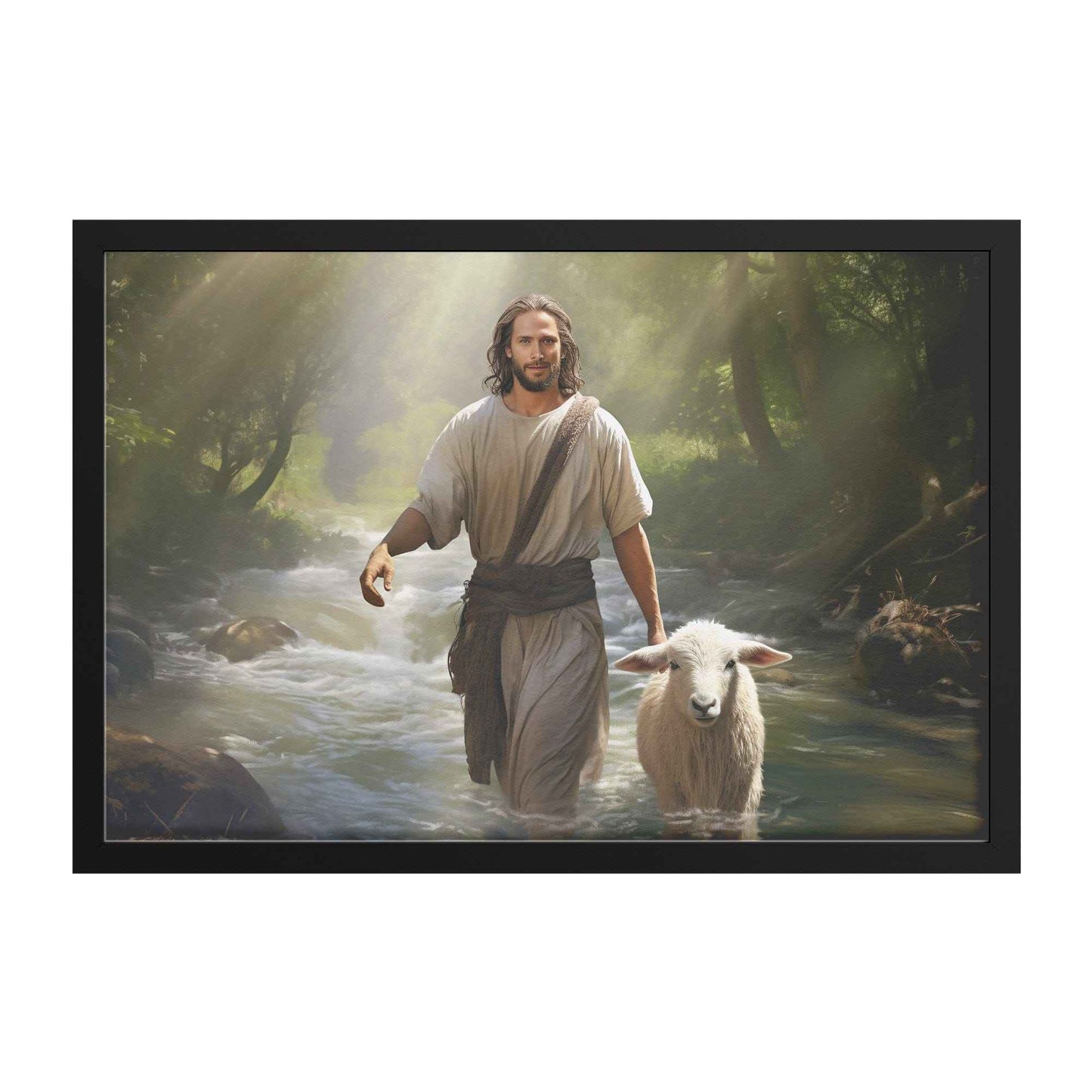 Jesus Walking In The Forest With A Lamb His Side Framed Art Print